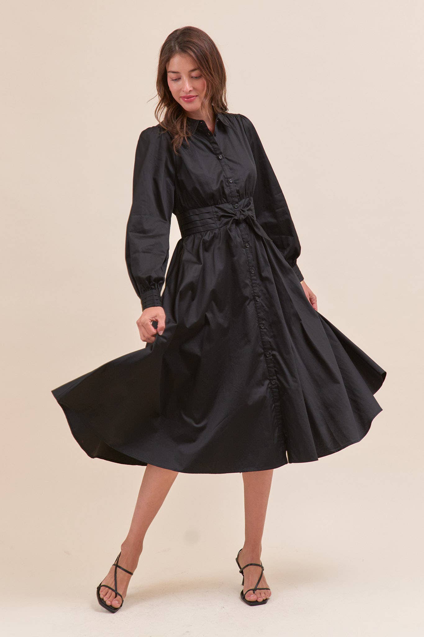 &MERCI - Wholesale Dress - Women's - PINTUCK WAIST TIE FRONT MIDI DRESS MDR421922