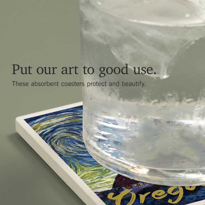 Lantern Press - Wholesale Coasters - CERAMIC COASTER Oregon Coast, Lighthouse, Starry Night