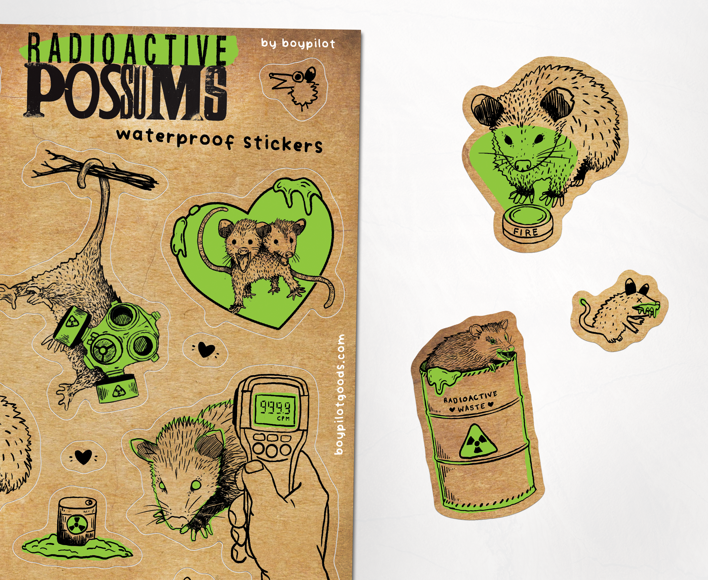 BoyPilot Goods - Wholesale Sticker - Radioactive Possums Sticker Sheet - Waterproof Vinyl2