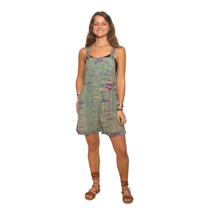 2241 Short Overalls in Tie Dye w/ Embroidery and Cuffed Hem for wholesale by Blue Sky