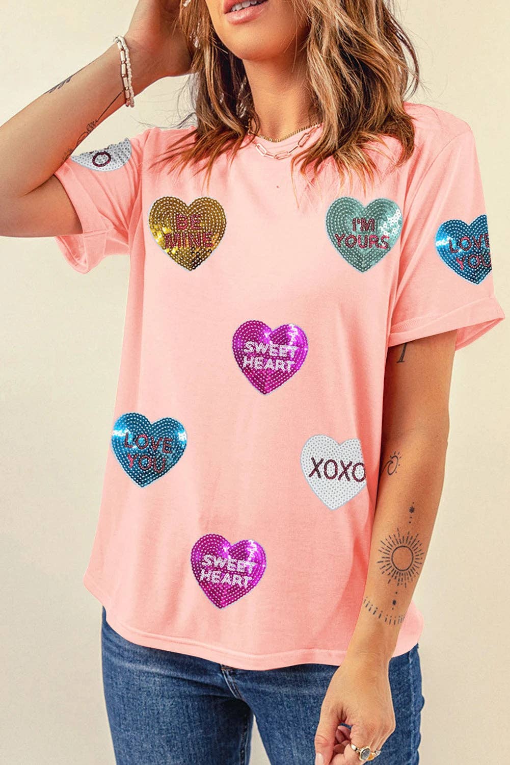 Pink Sequin Valentines Lettering Heart Patched Crewneck T Shirt for wholesale on Faire3