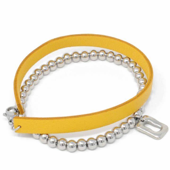 Elasticated Balls Bracelet With Leather Strap Yellow for wholesale by Sobo & Co Jewellery