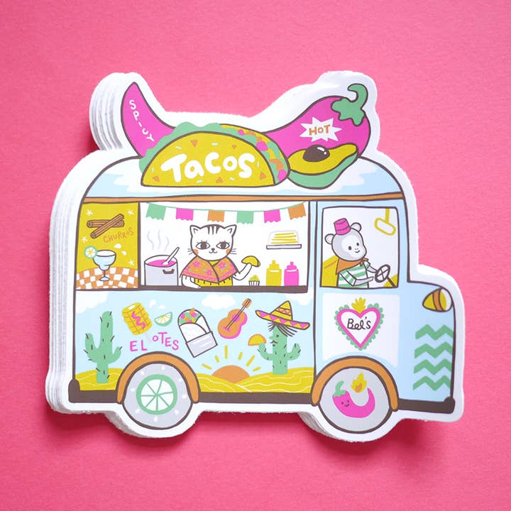 Illustrerad street food truck vinyl klistermärke - Taco Truck för wholesale av Bel's Art World