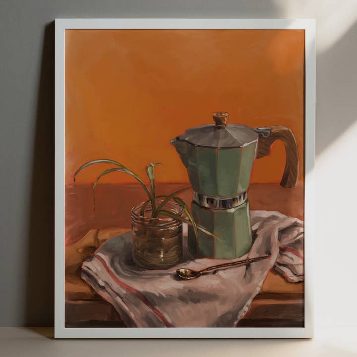 The Ugly Cat Studio - Wholesale Art Print - Moka Pot and Spider Plant Still Life Fine Art Poster Print