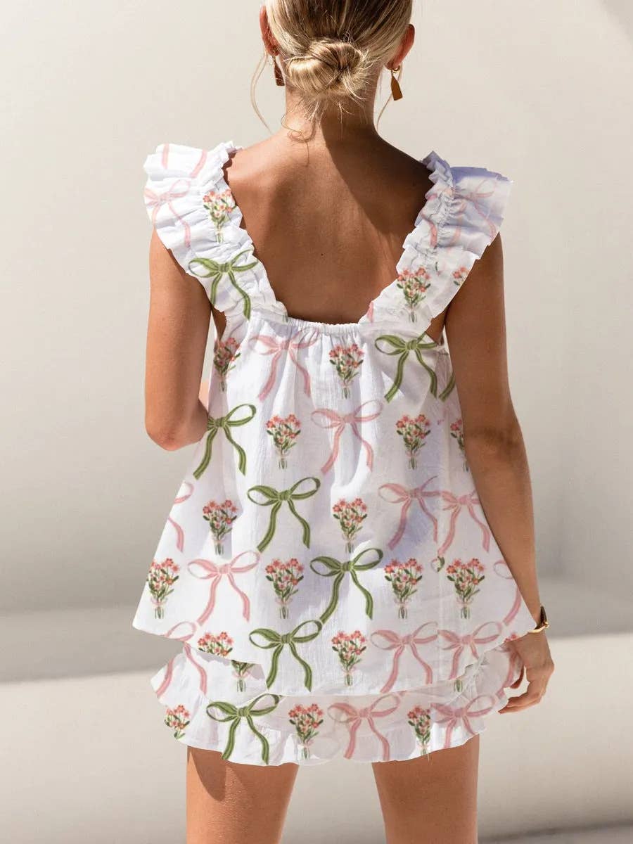 Rosa Clothing - Wholesale Top & Short Set (NOT Loungewear) - Women's - Floral & ribbon bow print ruffled tank top shorts set13