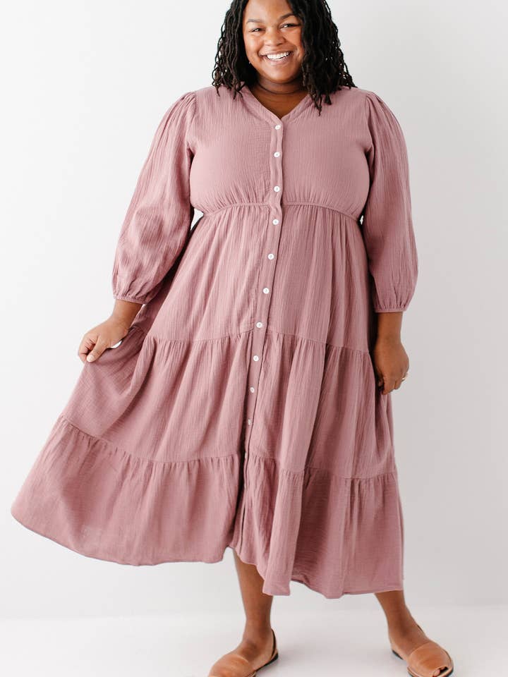 Dusty Mauve 'Louisa' Button Down Tiered Cotton Gauze Midi Dress for wholesale on Faire8
