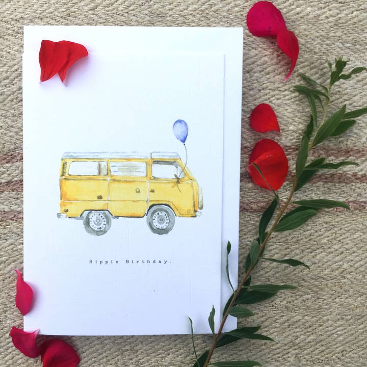 feather.ink - Venta al por mayor Tarjetas de cumpleaños - Tarjeta de cumpleaños de estilo hippie, tamaño A6, autocaravana, furgoneta hippie.