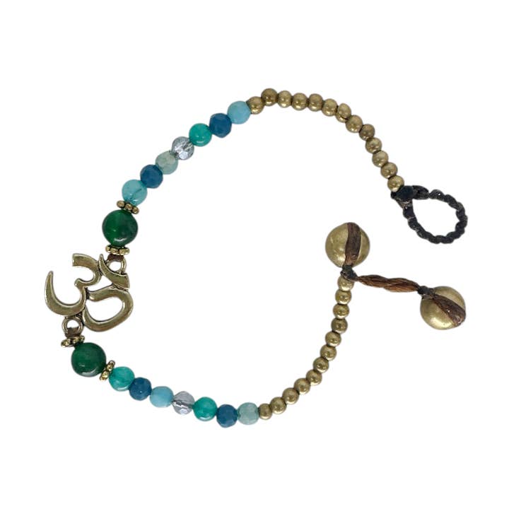 Om Bracelet with Brass & Glass Beads on Wax Cord Blue/Green for wholesale by Maka Imports