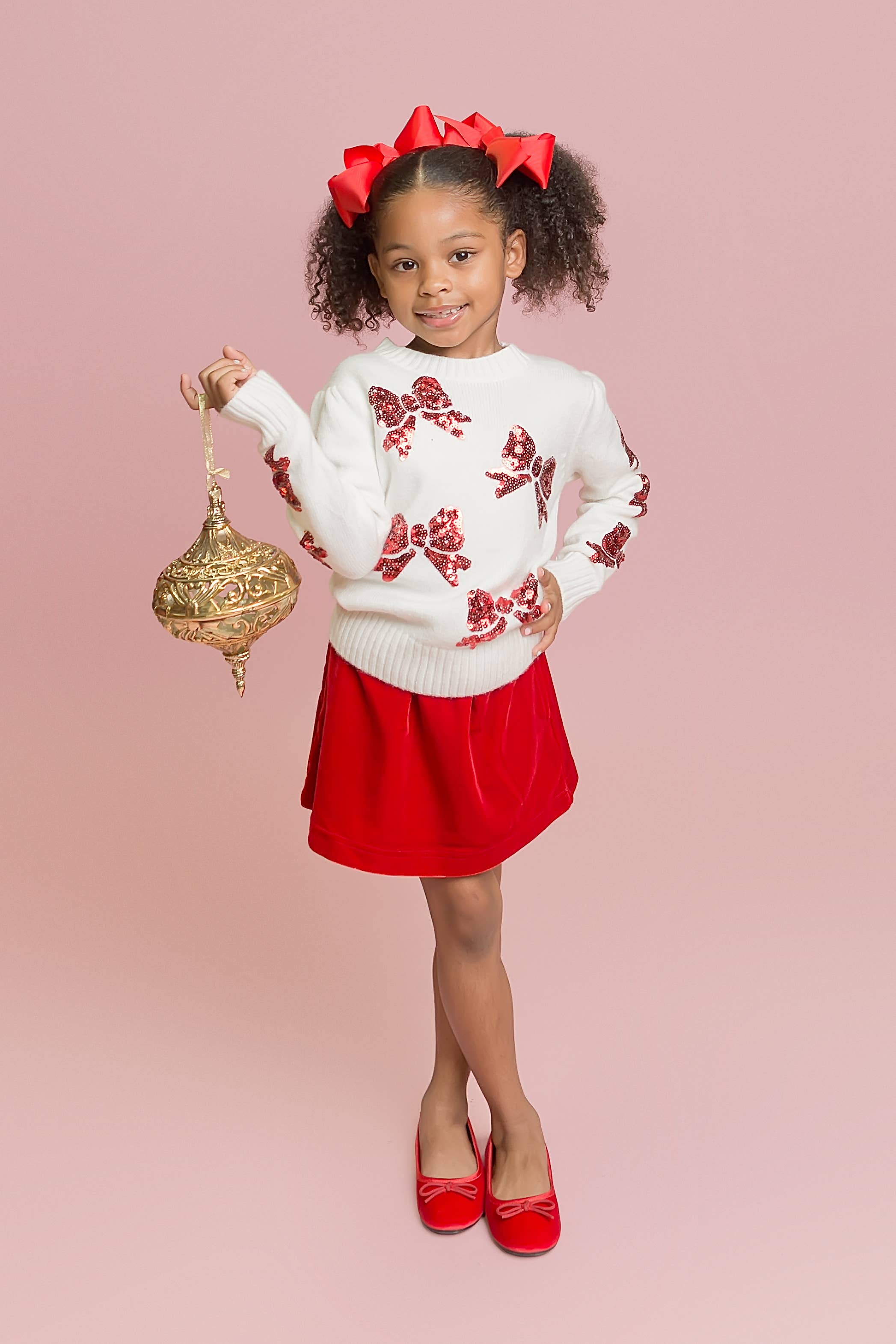 Belle Cher - Wholesale Knit Sweater - Kids - Red Bows Cream Sweater
