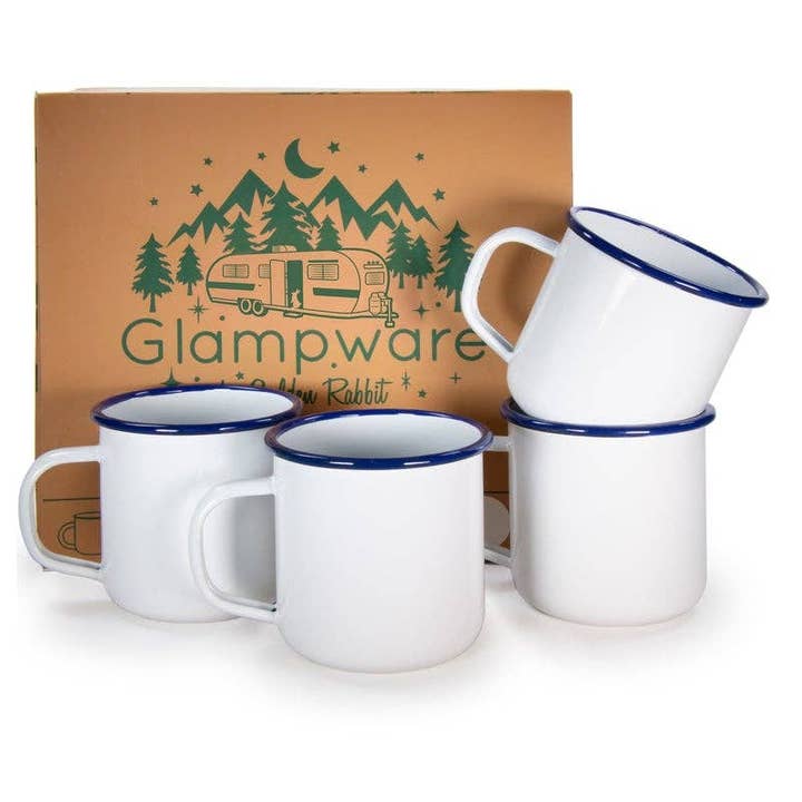 Golden Rabbit Enamelware Rolled Cobalt Rim Mug Set/4 for wholesale by Crow Canyon Home