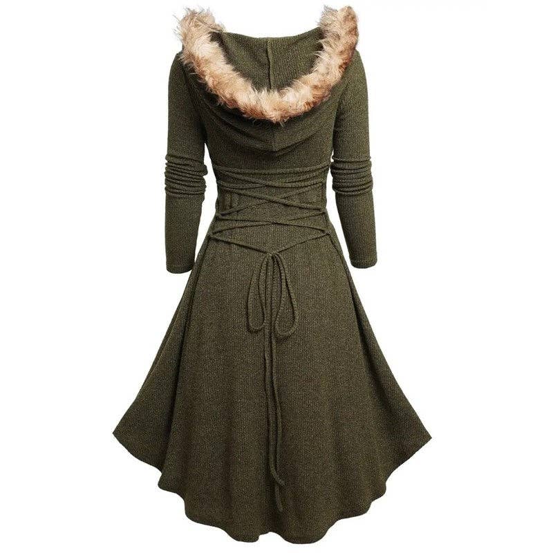 OLIVE GREEN Vintage Long Sleeve Fleece Hooded Midi Dress for wholesale on Faire0