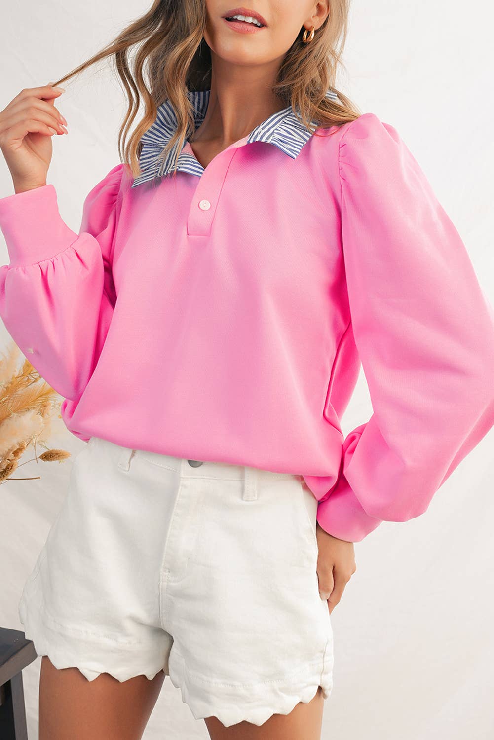 Aapparella - Wholesale Sweatshirt - Women's - Button Striped Collar Puff Sleeve Sweatshirt | S-XL 7