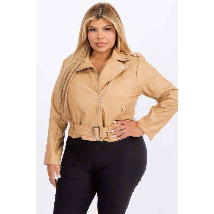 Curve Market - Wholesale Jacket - Women's - PLUS SIZE FAUX LEATHER ZIP FRONT BELTED MOTO CROP BIKER JACK