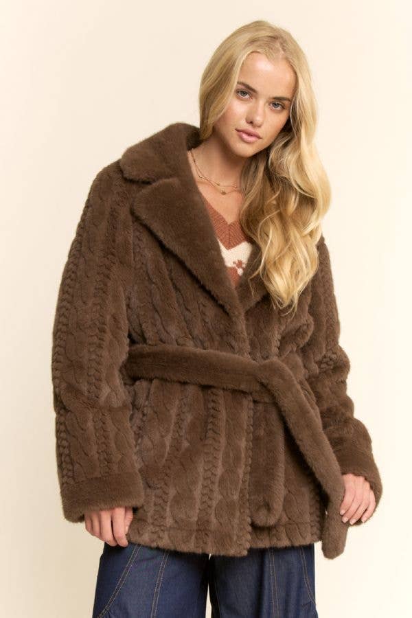 Brown TEXTURED FAUX FUR BELTED COAT for wholesale on Faire2
