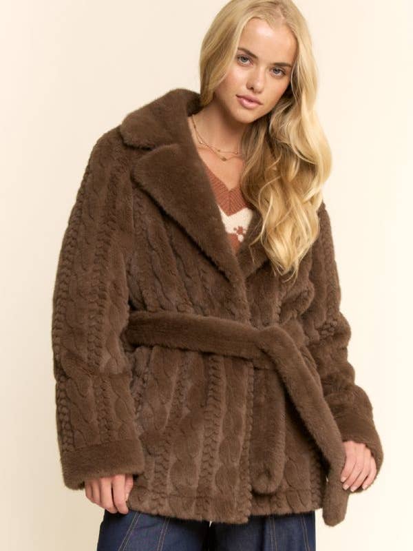 Brown TEXTURED FAUX FUR BELTED COAT for wholesale on Faire2