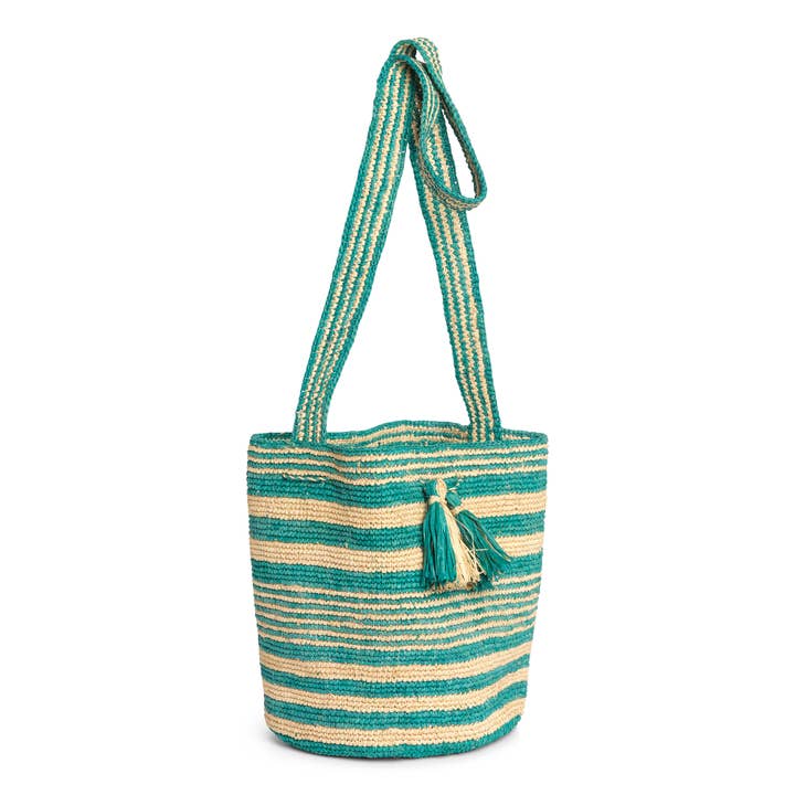 Raffia Cross Body Bucket Basket - Green Stripe for wholesale by Somerville Scarves