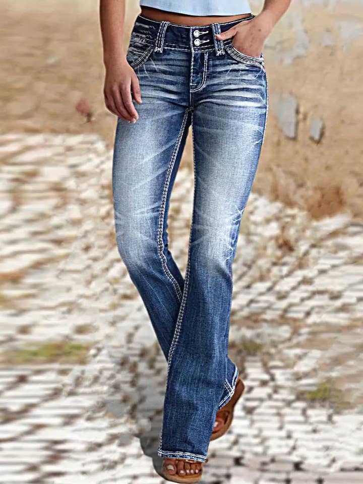 Pantalon en denim évasé à boutons et poches pour femmes pour la vente par Sweetkama