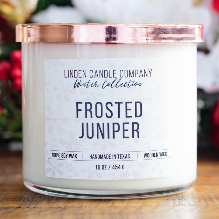 Frosted Juniper 16oz Scented Soy Candle for wholesale by Linden Candle Company