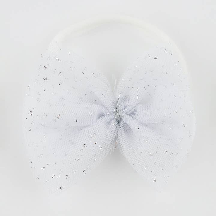 White/Silver Glinda Bow Nylon Headband for wholesale by oh baby!