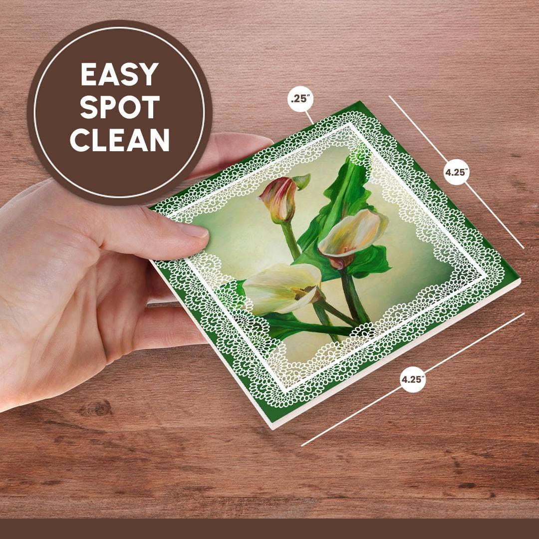 3dRose - Wholesale Coasters - 3dRose, Three calla lilies painted against green background bordered in lace, Coaster6