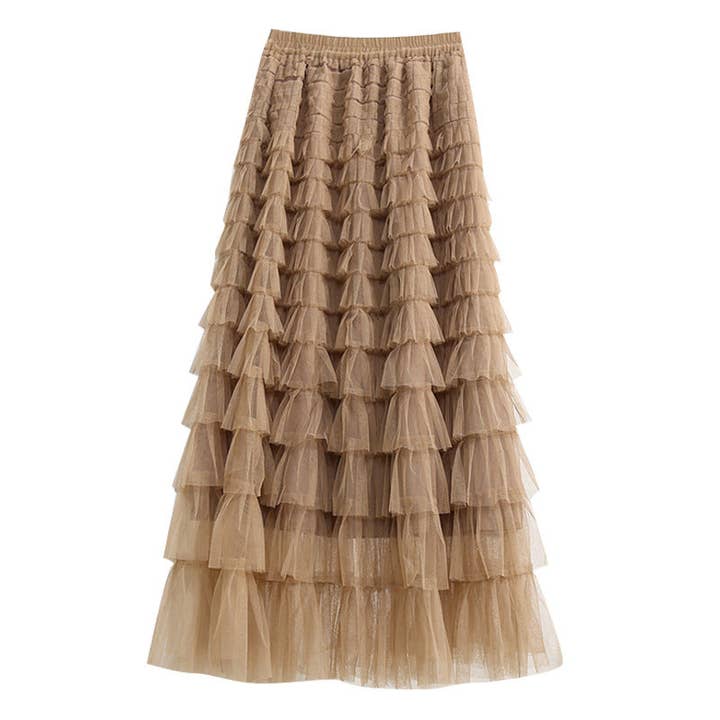 Sweetkama - Wholesale Skirt - Women's - Ladies Solid Color Ruffle Guazy Midi Skirt SKS411761