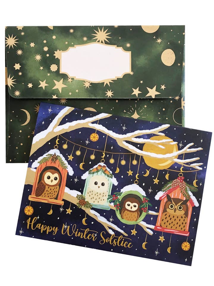Carte du solstice d'hiver – Maisons de hiboux avec design céleste pour la vente par Artistry Cards