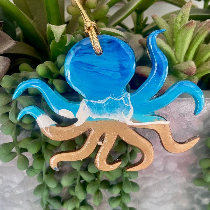 Octopus Beach Resin Art Christmas Ornament for wholesale by WLB Designs