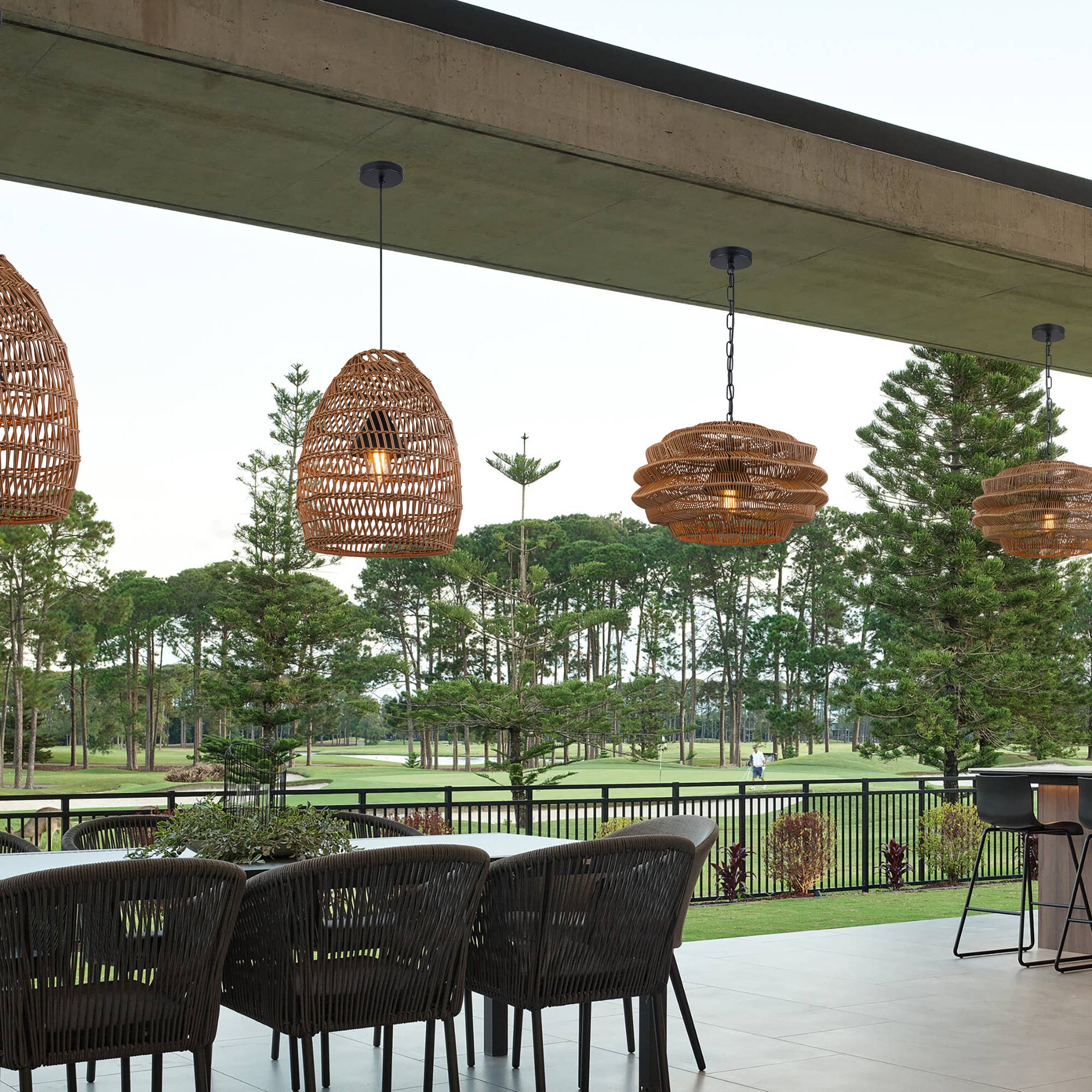 ELE Light & Decor - Vente Lustre/Suspension - Suspension en rotin côtier d'extérieur à 1 lumière avec abat-jour marron6