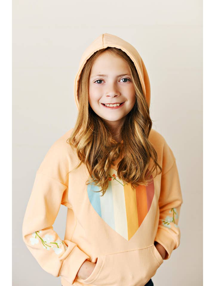 Adorable Sweetness - Wholesale Hoodie - Kids - Kids Peach Heart & Floral Print Long Sleeve Hoodie