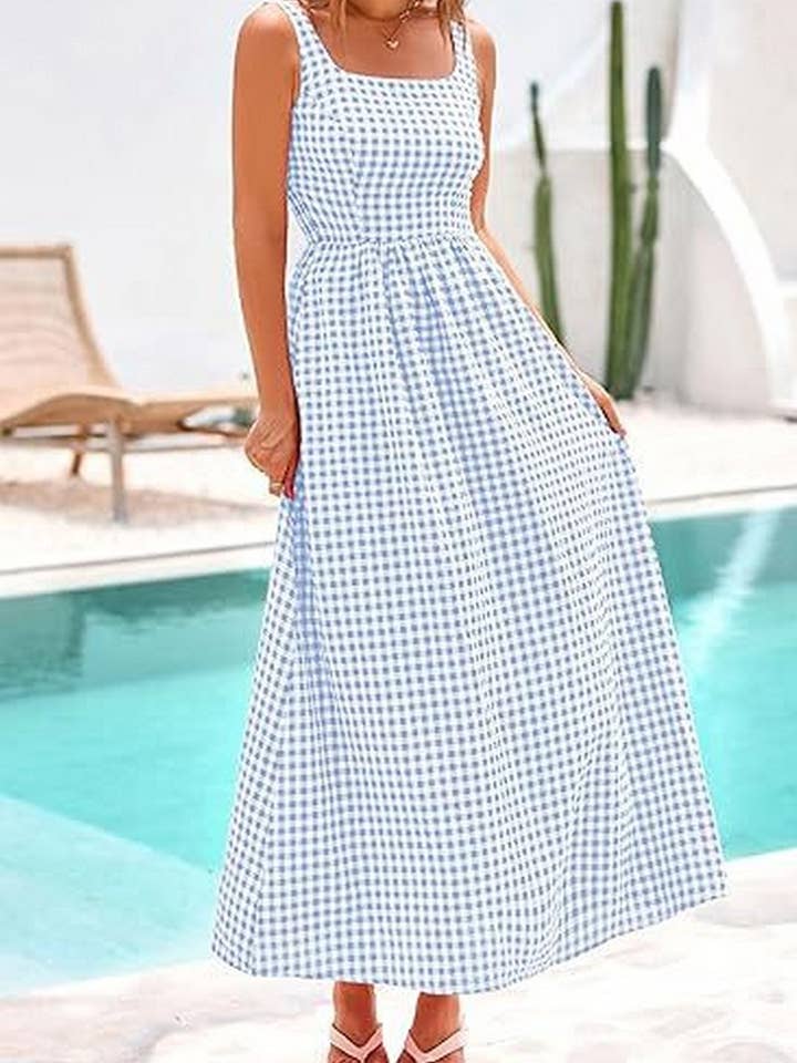 NINEXIS - Wholesale Dress - Women's - CWDHL1084_SPAGHETTI STRAP SQUARE NECK PLAID SHIRRED DRESS9