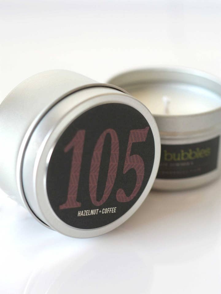 HAZELNUT and COFFEE Soy Candle in a 6 oz Travel Tin for wholesale by Coco & Bubbles