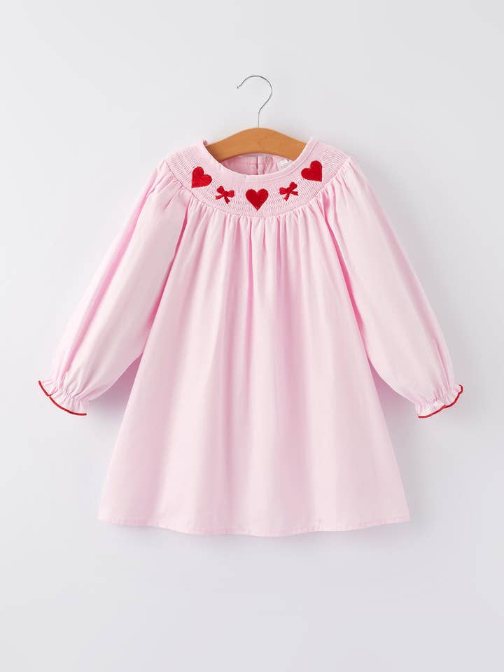 Rylee Faith Designs - Wholesale Dress - Kids - Pink Smocking Embroidery Long Sleeve Girls Dress