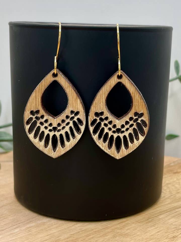 Tribal Drop Wood Dangle Earrings for wholesale by Rosey Oak Designs