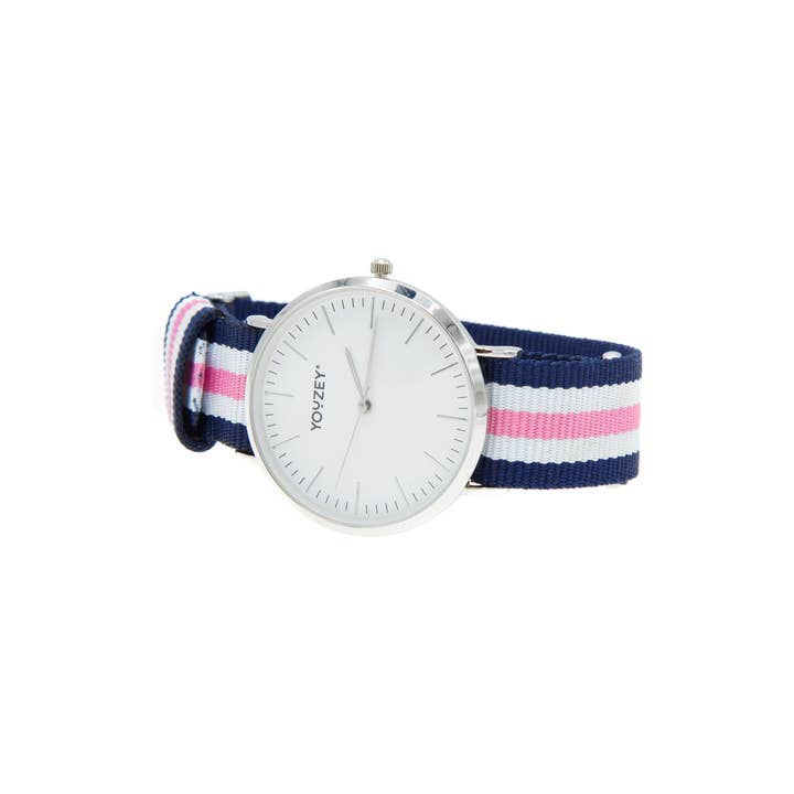 Rosa, blanco y negro Reloj con Correa de Nylon a Rayas Rosa Preppy/Azul Marino de venta al por mayor en Faire