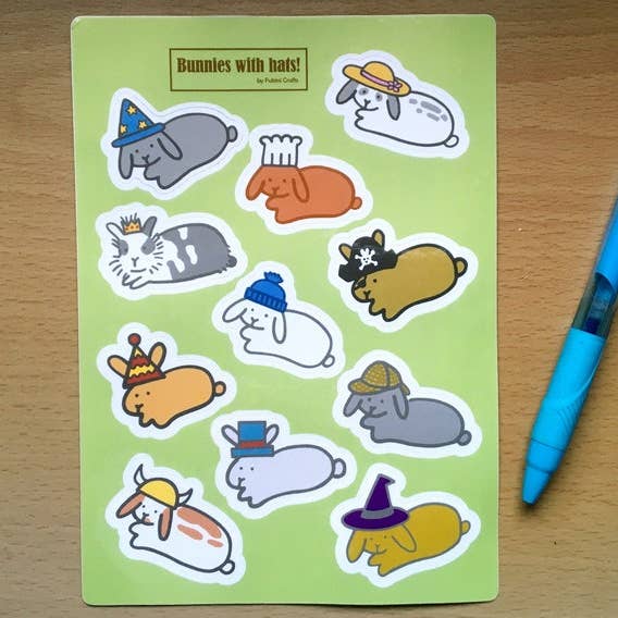 Bunnies with Hats Sticker Sheet 5x7 Waterproof for wholesale by Fubini Crafts