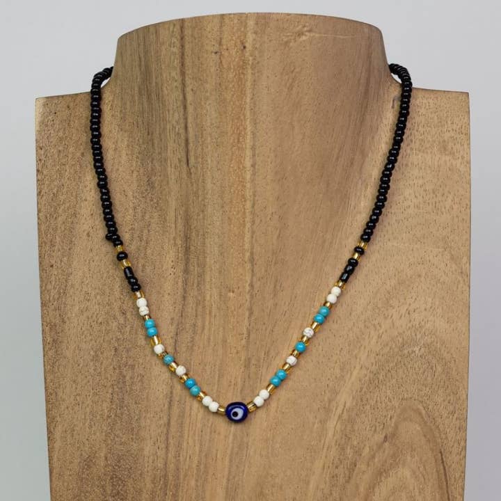Pink House Imports - Wholesale Beaded/Pearl Necklace - Bali Glass Beads with Evil Eye Pull Necklace