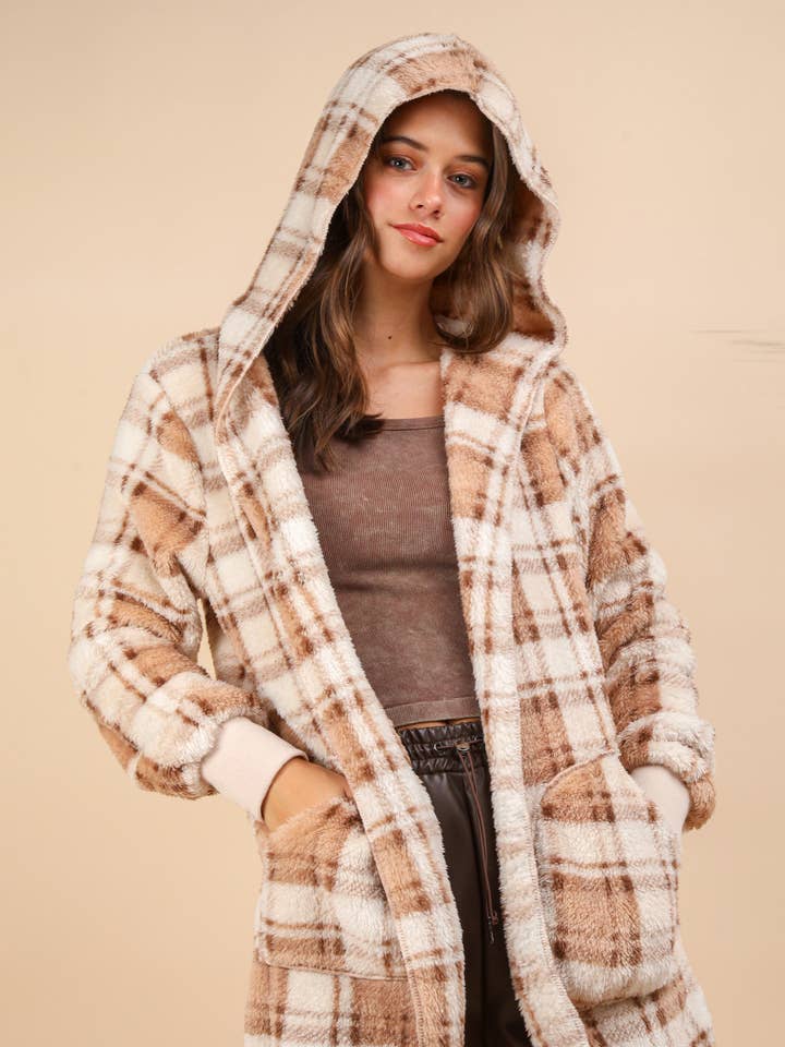 VERY J - Wholesale Jacket - Women's - NJ90302X-PLUS SIZE Faux Fur Tunic Hooded Printed Jacket
