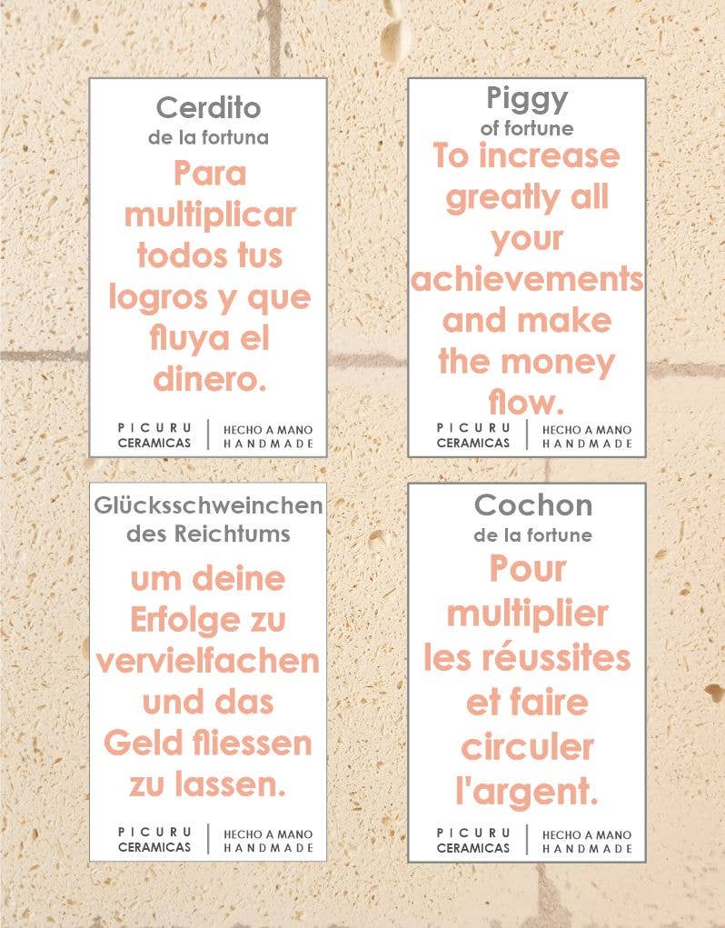 Picuru ceramicas – Großhandel Dekofigur – Glücks-Schwein Amulett mit goldener Glasur – 5 Sprachen4