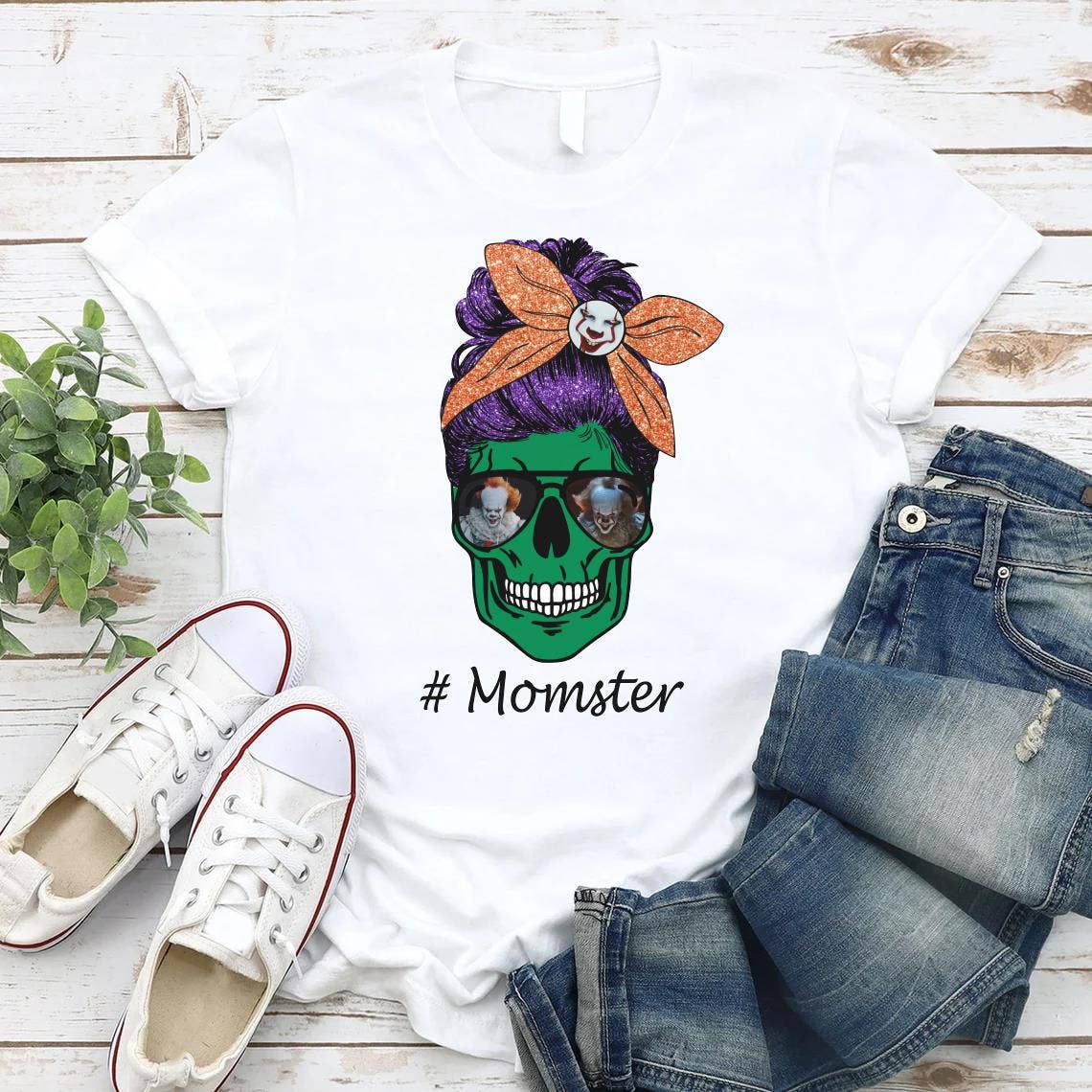 White Pennywise Skull Momster Messy Bun Shirt, Horror Mom for wholesale on Faire1