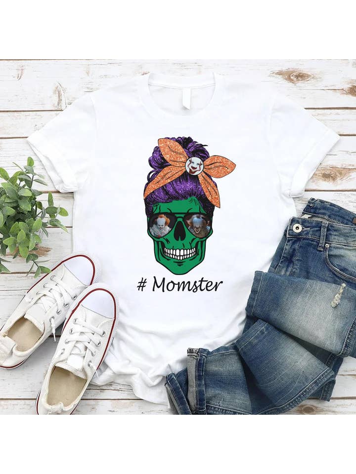 White Pennywise Skull Momster Messy Bun Shirt, Horror Mom for wholesale on Faire1