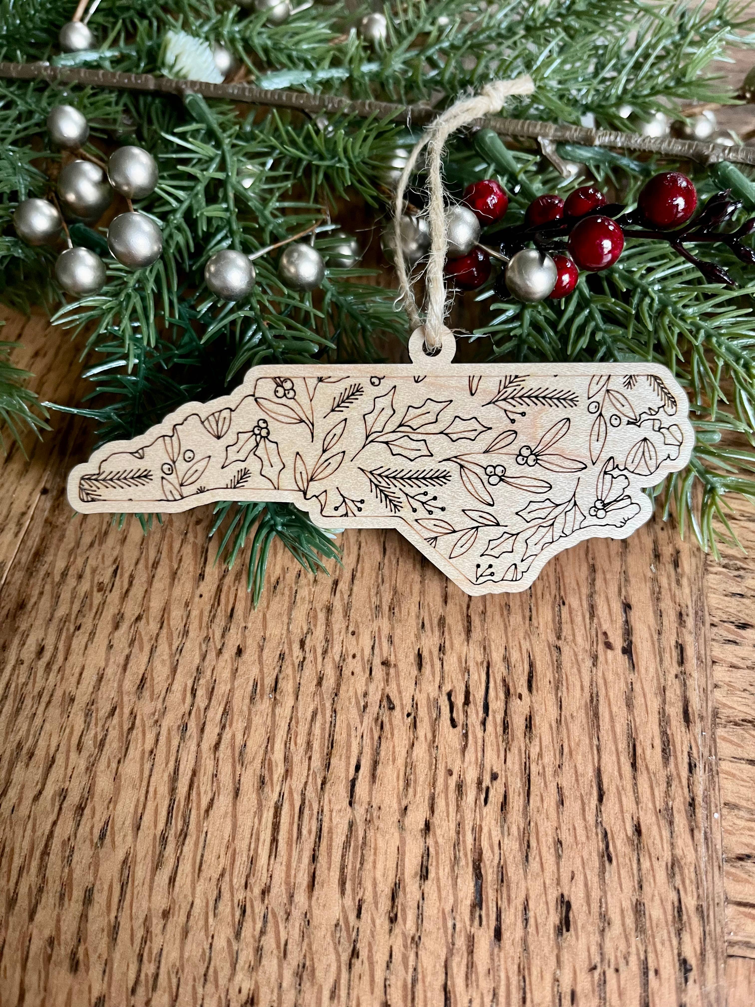 Rustic Raleigh - Wholesale Ornament - North Carolina Christmas Floral Wooden Christmas Ornament 2
