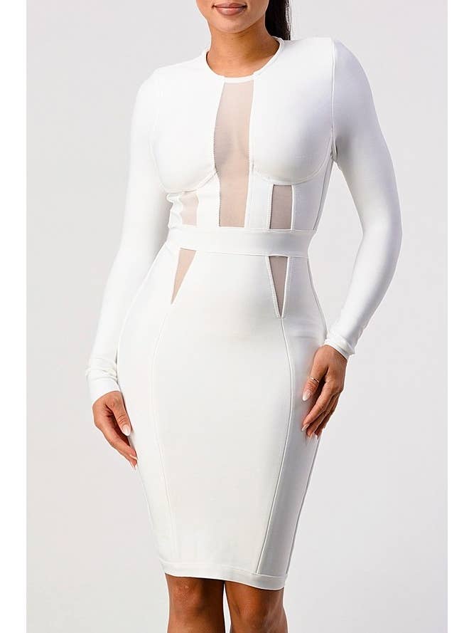 Athina Collection - Venta al por mayor Vestido - Mujer - Vestido de vendaje clásico de manga larga con contraste de malla - Blanco