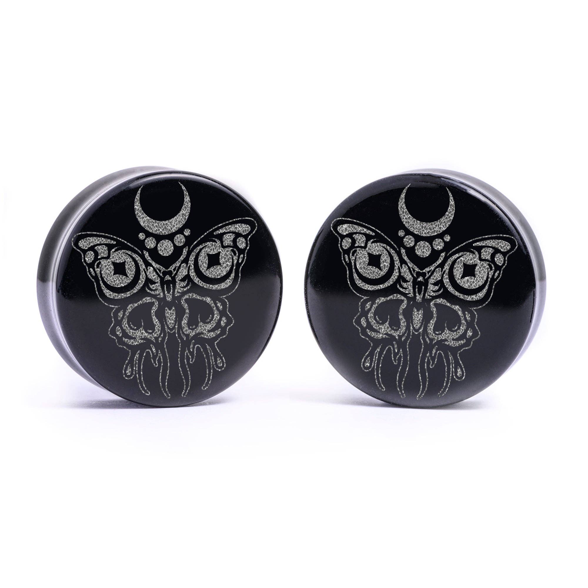 Custom Plugs - Vente Écarteurs - Bouchon/manomètre en forme de papillon, verre noir | Double évasement à face plate1