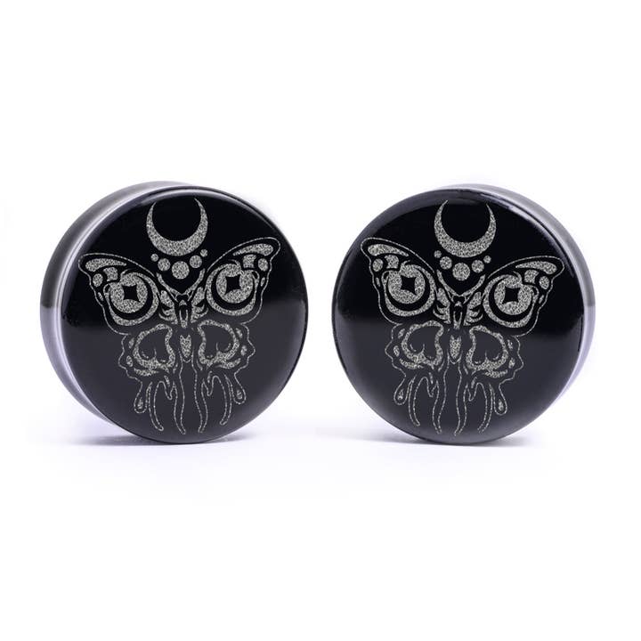 Custom Plugs - Vente Écarteurs - Bouchon/manomètre en forme de papillon, verre noir | Double évasement à face plate1