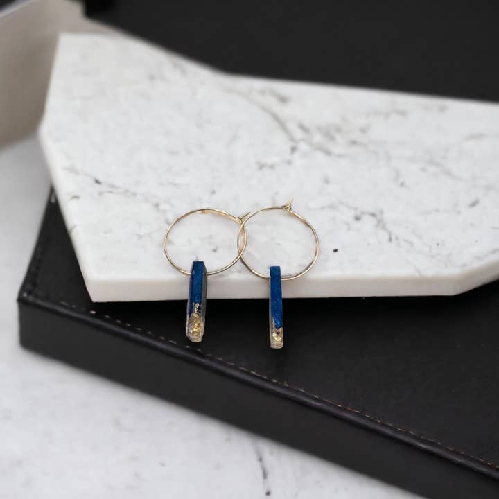 Fish Towne Designs, LLC - Wholesale Dangle Earrings - Navy Blue and Gold Leaf Resin Bar Earrings Handmade9
