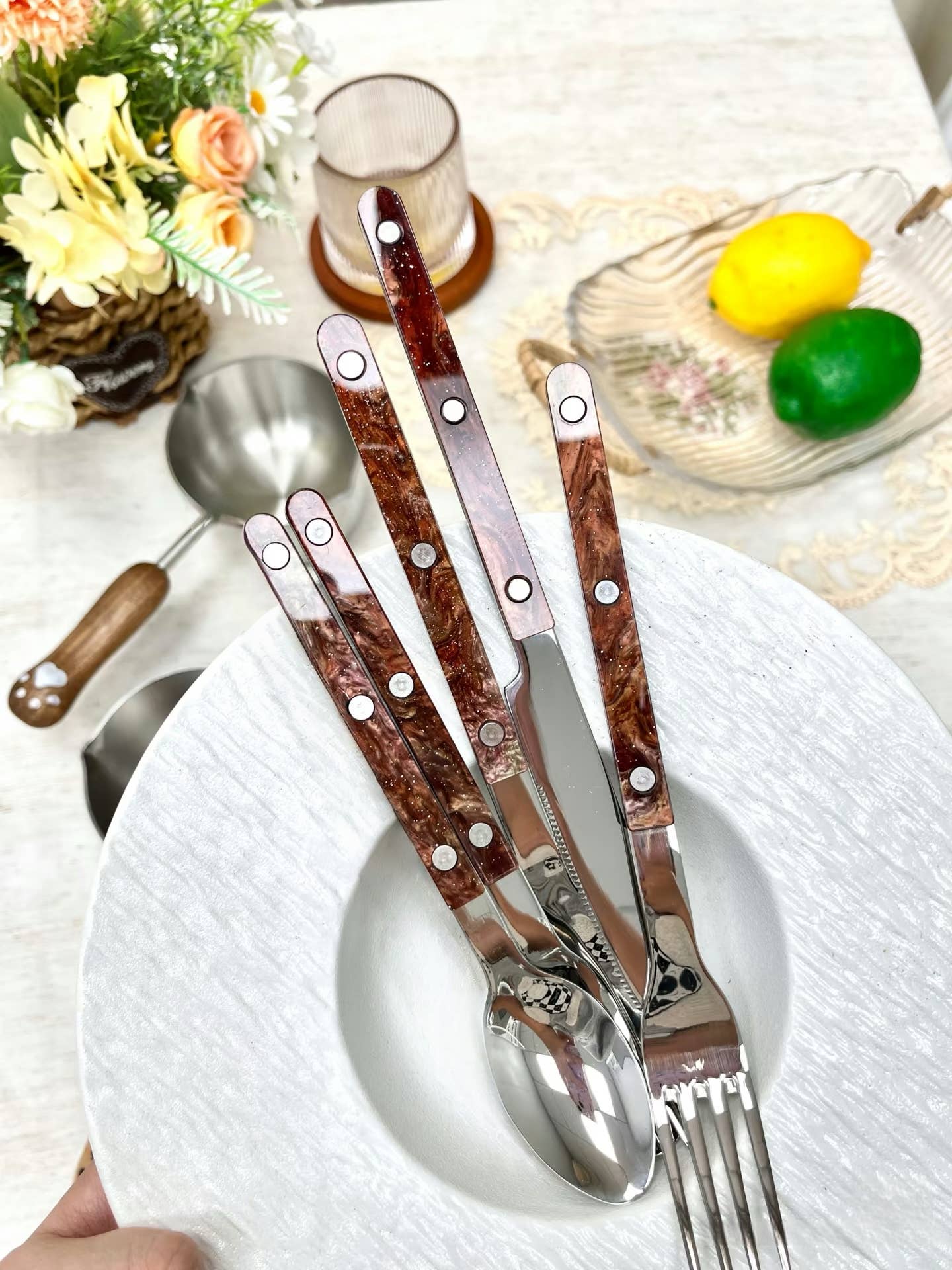 INSPECIAL HOME - Wholesale Flatware Set - Set of 10 Pcs Modern Nebula Pattern Cutlery Flatware Utensil9