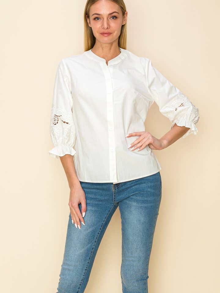 COTTON BLOUSE WITH EMBROIDERY SLEEVE for wholesale by QMP Moda
