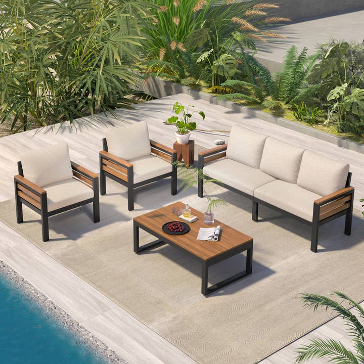 Beige 4-Piece Outdoor Sofa Set with Acacia Armrests & Coffee Table for wholesale on Faire