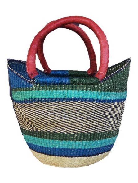 Yikene Medium U-Shopper Ghana Bolga Basket 13-14" Across - Green for wholesale by The African Home Goods