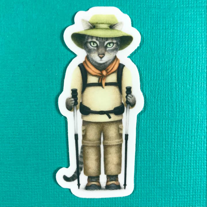 Hiker Cat sticker for wholesale by Abundance Illustration